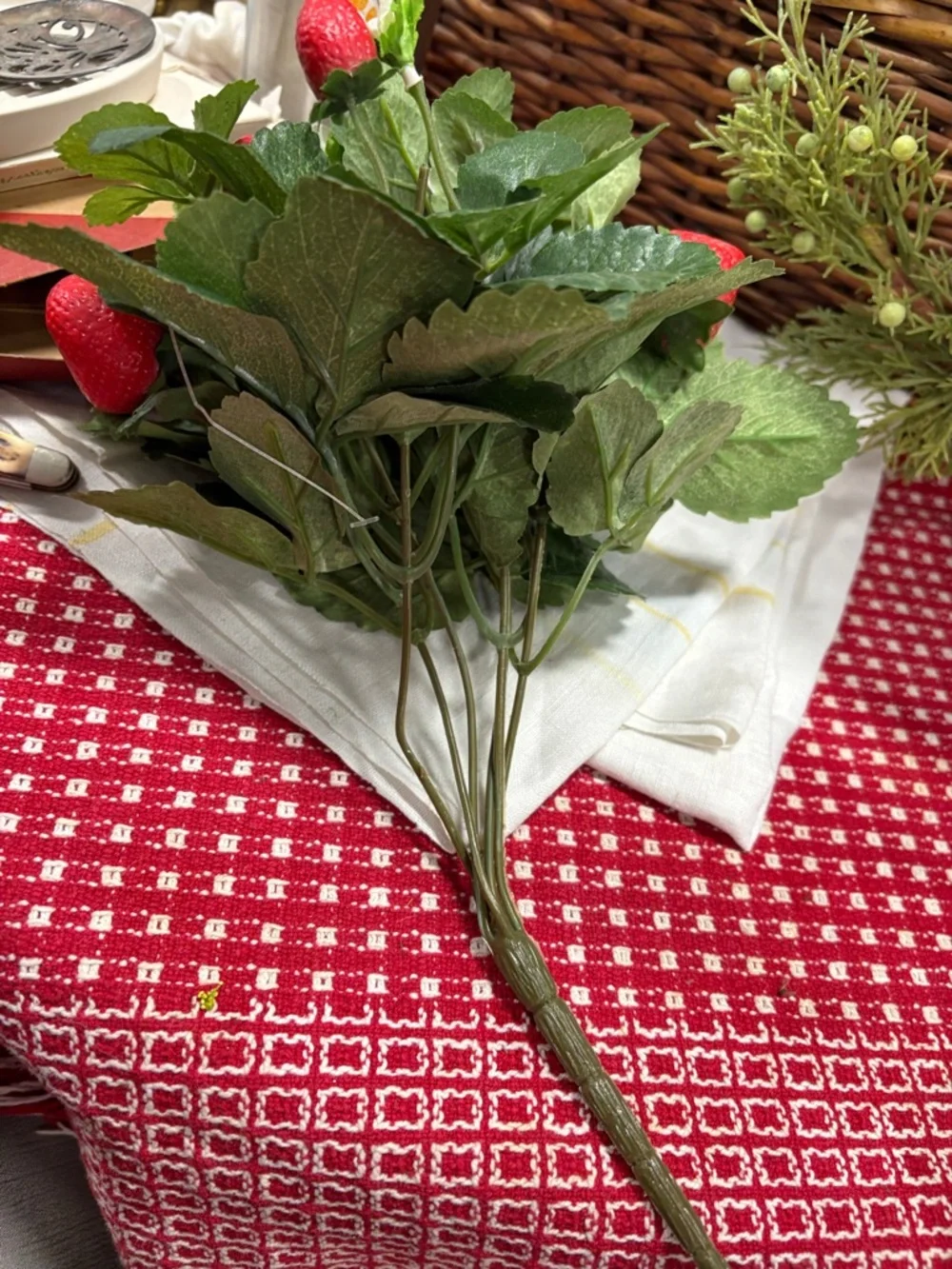 Artificial Strawberry Leaf Spray - Red & Green Decorative Pick